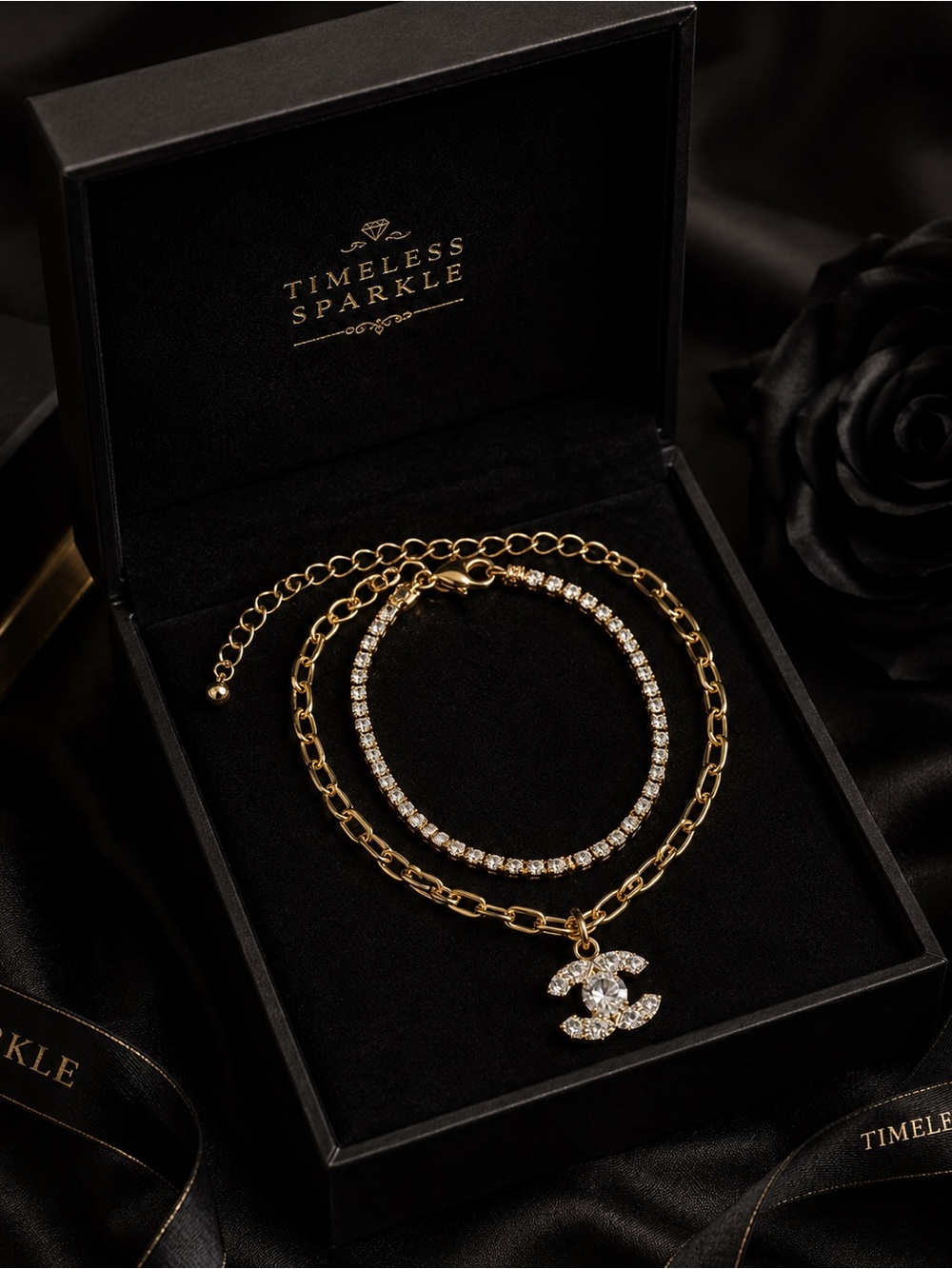 Gold and Crystal Double C Bracelet Set